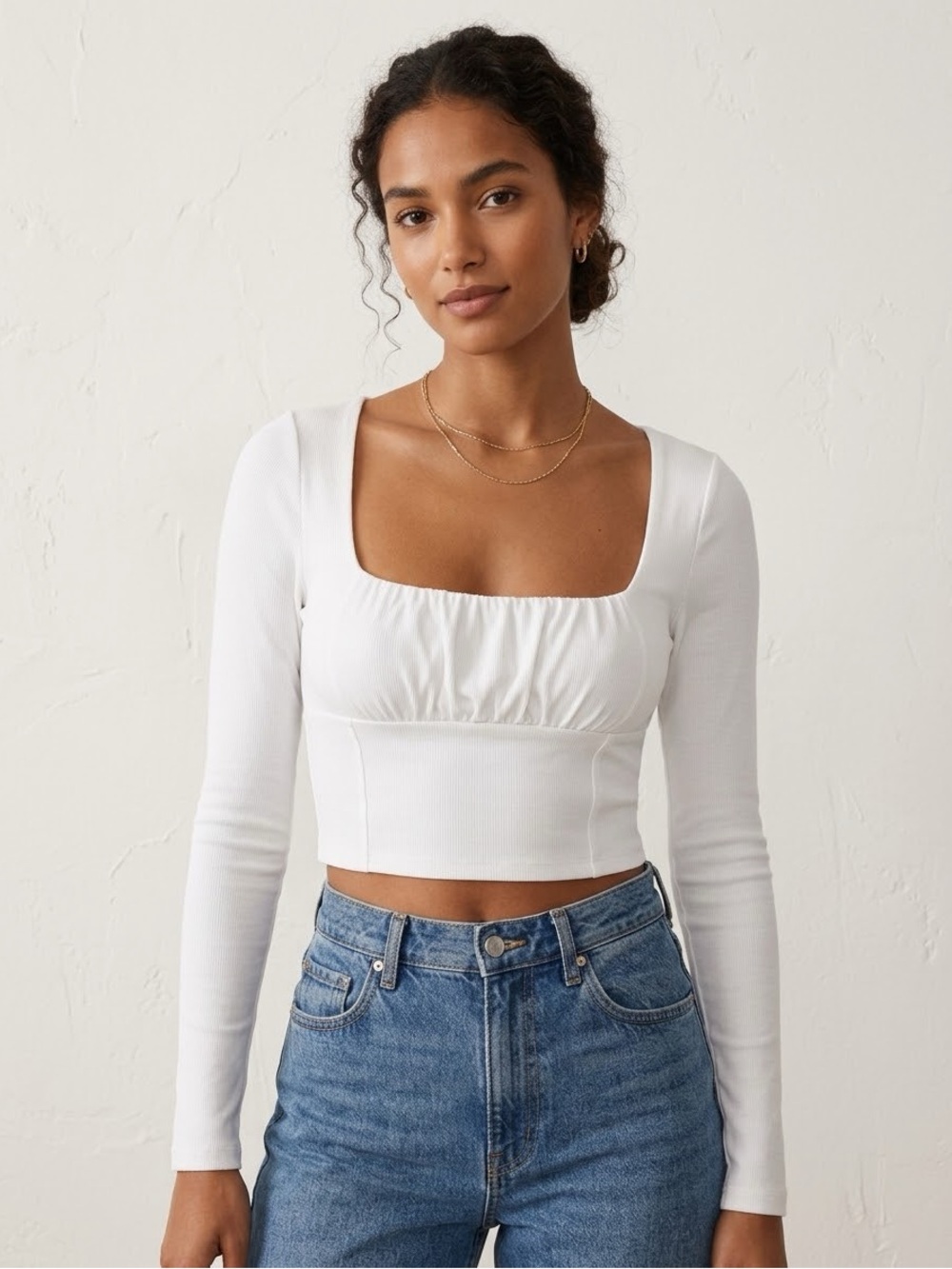 Wilfred Free White Ruched Bust Cropped Long Sleeve Top Size Small Minimalist